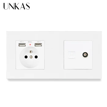 

UNKAS Plastic Panel French Standard Electric Socket With Dual USB + RJ45 Internet Computer Connector And Female TV Jack 172*86mm