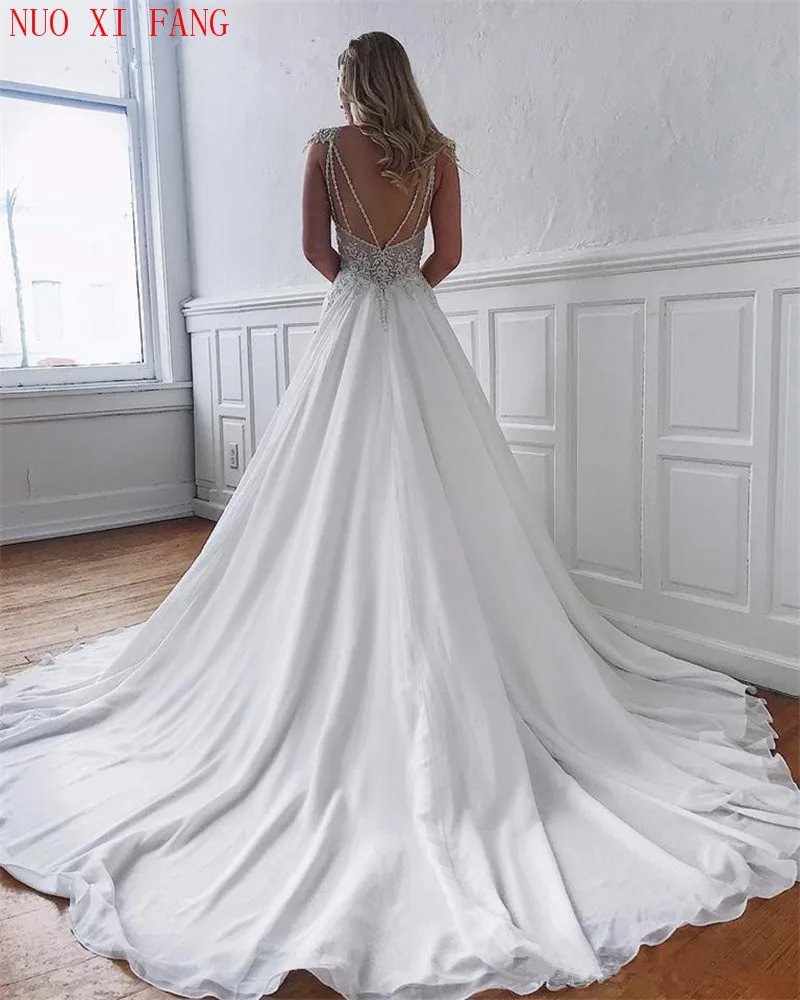 Elegant V Neck Lace Chiffon Wedding Dress Backless Dubai Arabic trouwjurk a line gelinlik Court Train Bridal Dress suknia slubna