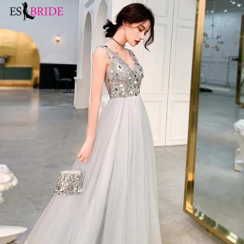 Robe De Soiree сексуальное платье с v-образным воротом, платье трапециевидной формы без рукавов, с блестками вечерние платья Длинные Новое поступление Свадебные Вечерние платья ES3001