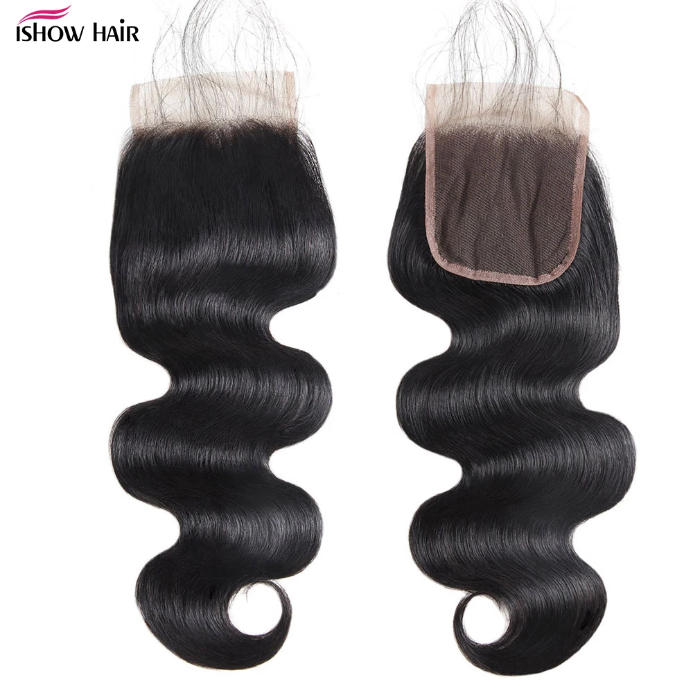 Ishow-pelo humano brasileño ondulado con cierre de encaje, pelo de bebé, Color Natural, no Remy, 4x4