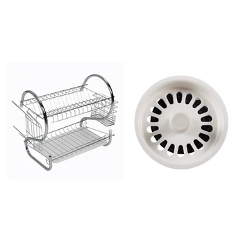 

New 2 TIER CHROME PLATE DISH CUTLERY CUP DRAINER RACK DRIP TRAY with Food Waste Stopper Spin Lock Sink Drain Strainer