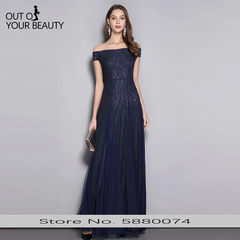 

2020 New High-end Elegant Evening Dress Navy Sexy V-neck Perspective Strapless Lace Applique Back Straps Banquet Long Dress
