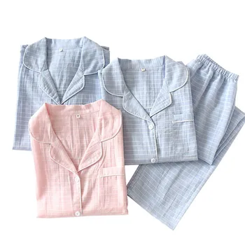 

Lover's Couples Simple Style Pajamas Set Men And Women Striped Sleepwear Set Full Sleeve Gauze Cotton 100% Homewear home clothes