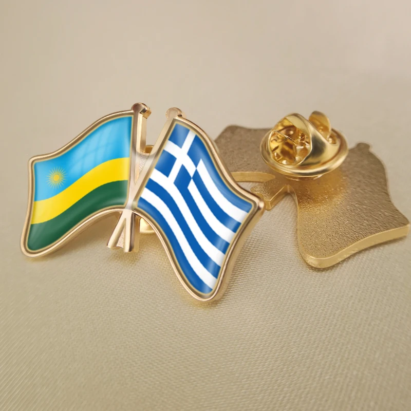 

Rwanda and Greece Crossed Double Friendship Flags Lapel Pins Brooch Badges