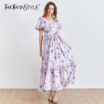 

TWOTWINSTYLE Print Ruffles Party Dress Women V Neck Puff Short Sleeve High Waist Lace Up Dresses For Female Clothes 2020 Fashion