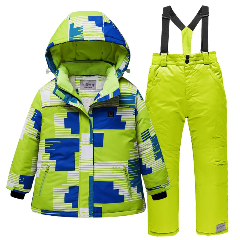 Россия г. nwe USB теплые зимние детские лыжные костюмы ветрозащитный Теплый комплект одежды для девочек, куртка+ комбинезон одежда для мальчиков - Цвет: Green Green