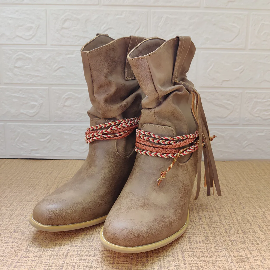 Gladiator Women's Rome Motorcycle Boots Winter Wide Calf Leather Short Boot Vintage Female Western High Heel Cowboy Shoes Tassel