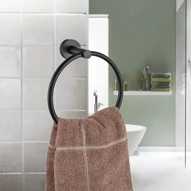 

Stainless Steel Round Style Wall-mounted Towel Rings Matte Black Clothes Holder Shelf Bathroom Supporter Hardware Accessories