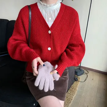 

Women spring autumn solid color lantern sleeve knit Cardigans Sweater coat Female red sweater cardigans womens coat (X1232