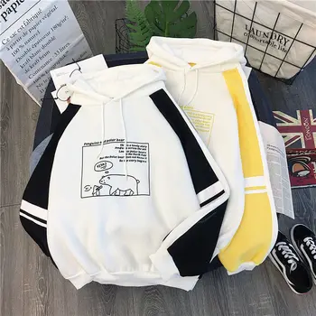

Women's Fresh Korean Version Of The Winter Hooded Sweatshirt Cartoon Print Stitching Loose Long-sleeved O-neck Jacket Tops
