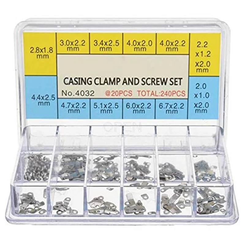 

240Pcs Watch Casing Clamp Movement Adapter Securing Screw Washer Repair Part Tools with Box for ETA 2824 2836 2846