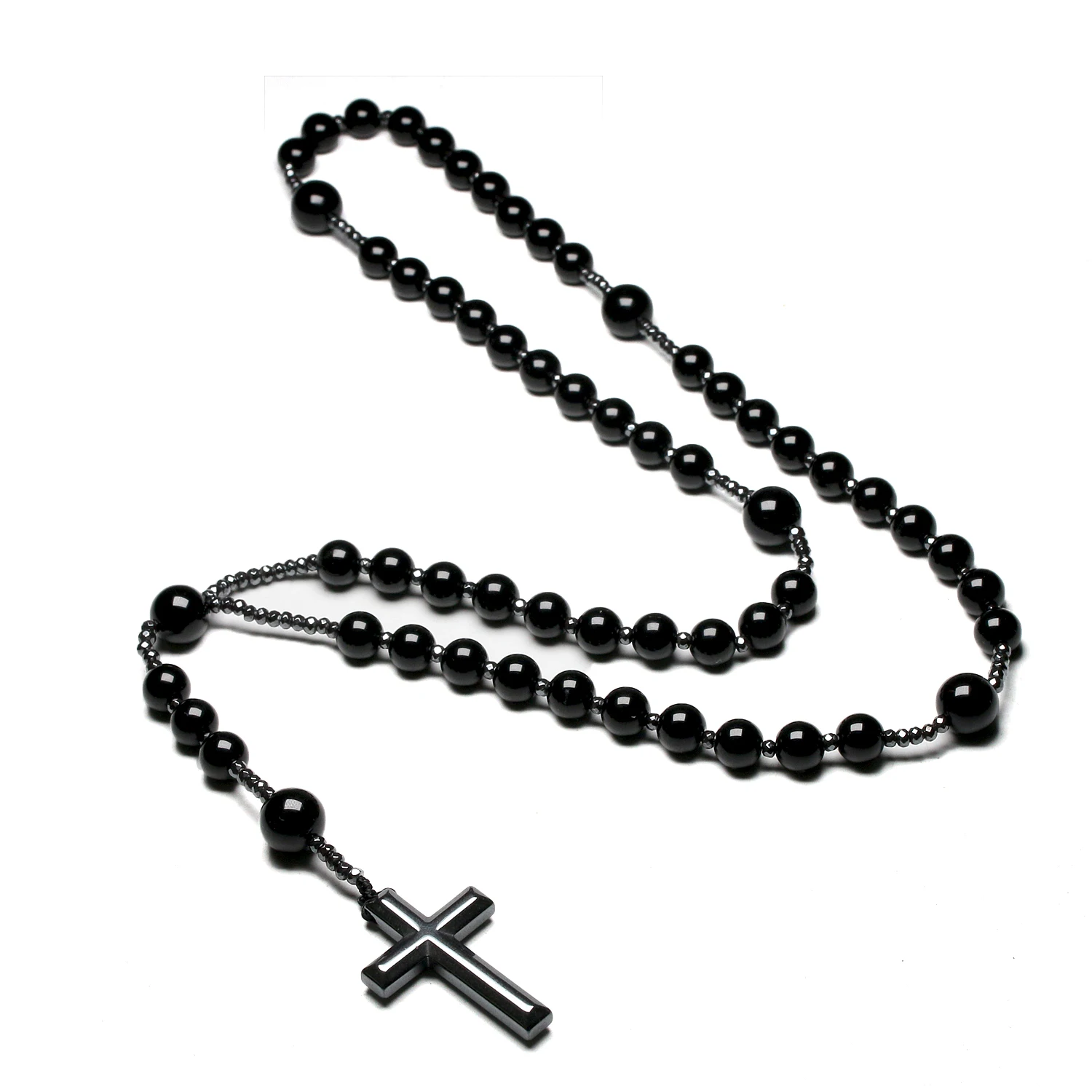 Natural Black Onyx Beads Catholic Christ Rosary Necklaces Hematite Cross Pendant Men Necklace Meditation Mala Jewelry