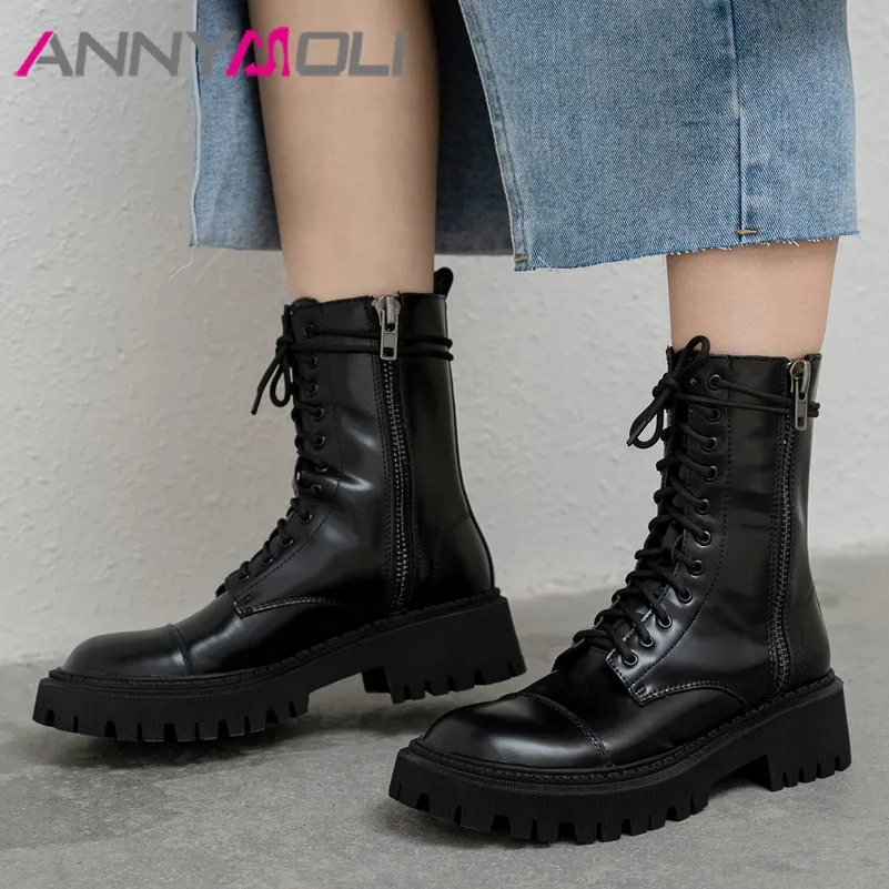 

ANNYMOLI Genuine Leather Mid Calf Boots Platform Chunky Heels Motorcycle Boots Women Zip Lace Up Mid Heel Boots Female Shoes 40