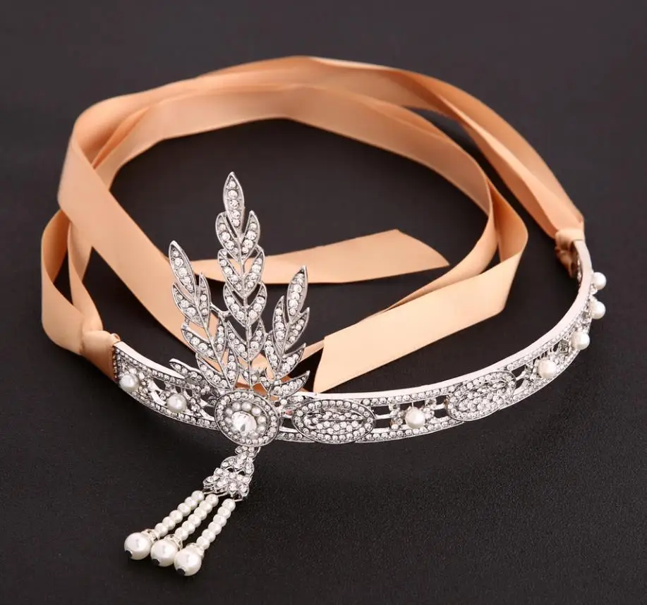 white gold 1920s винтажный свадебный головной убор Грейт Гэтсби косплей костюм платье аксессуары Корона невесты украшения для женщин жемчужное украшение для волос - Цвет: white gold