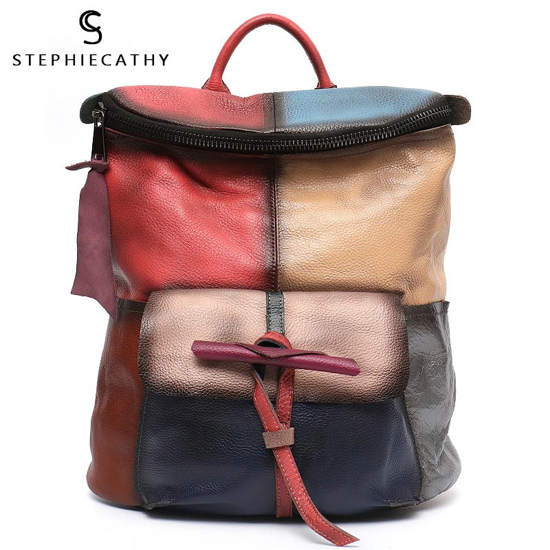 SC уникальный дизайн, разноцветный школьный рюкзак из коровьей кожи для девочек, большая красочная Лоскутная сумка из натуральной кожи на плечо, Женский ранец