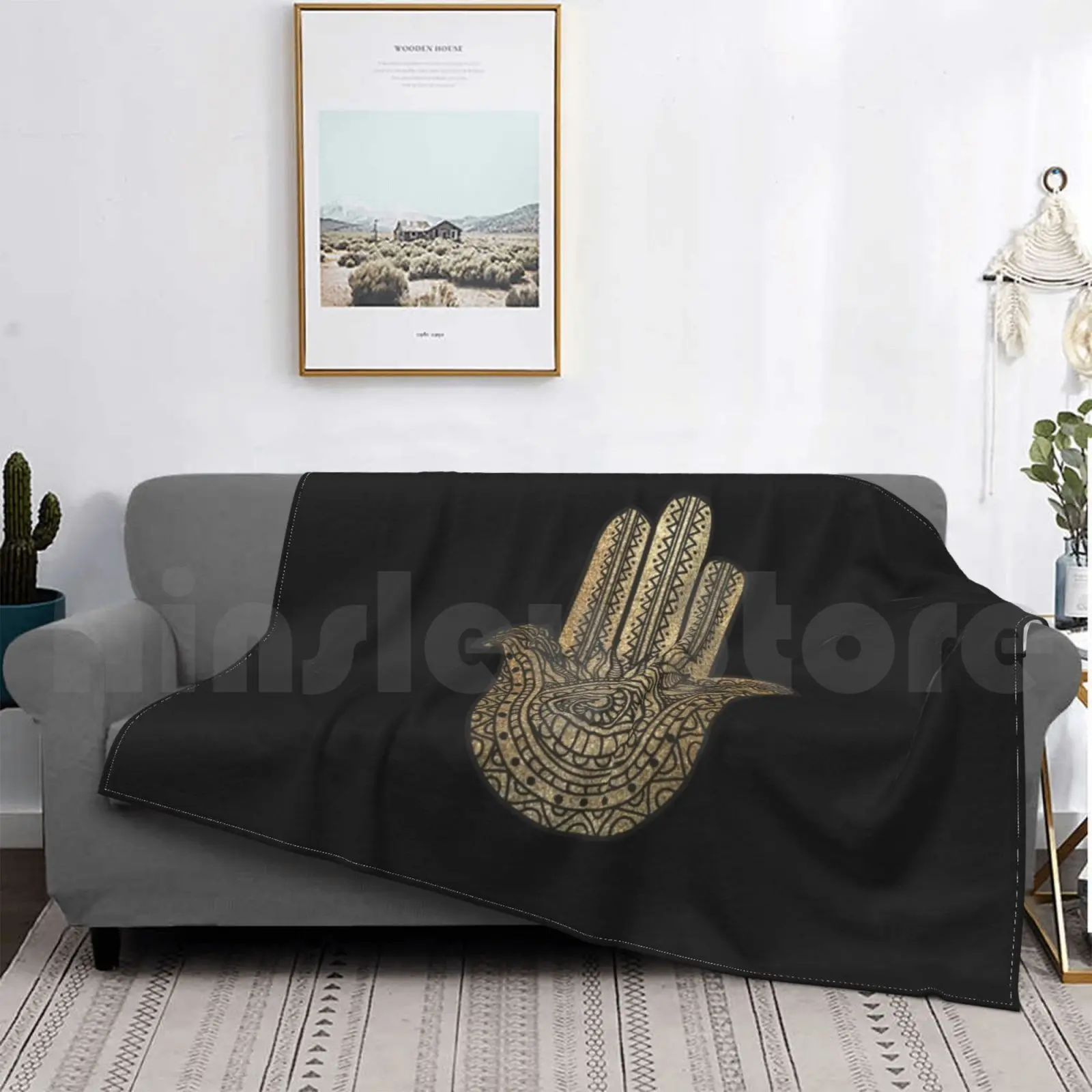 

Golden Hamsa Hand Blanket Fashion Custom Hamsa Luck Evil Eye Symbol Jewish Zen India Meditation Yoga