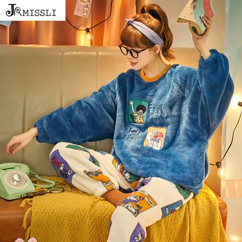 

JRMISSLI Flannel Pajamas Women Cartoon Long Sleeve Cute Pyjamas Autumn Home Clothes Comfortable Homewear Women Lounge Sleepwear
