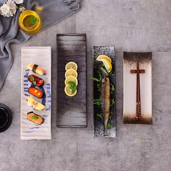 

Japanese tableware rectangular ceramic sushi oden plate autumn cuttlefish dish Korean cuisine ceramic barbecue meat string plate
