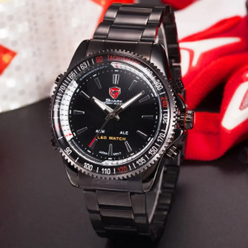 Спортивные часы Mako SHARK, брендовые, черные, с двойным часовым сигналом, с датой, мужские, стальной ремешок, мужские, для улицы, цифровой, светодиодный, кварцевые, спортивные часы/SH001