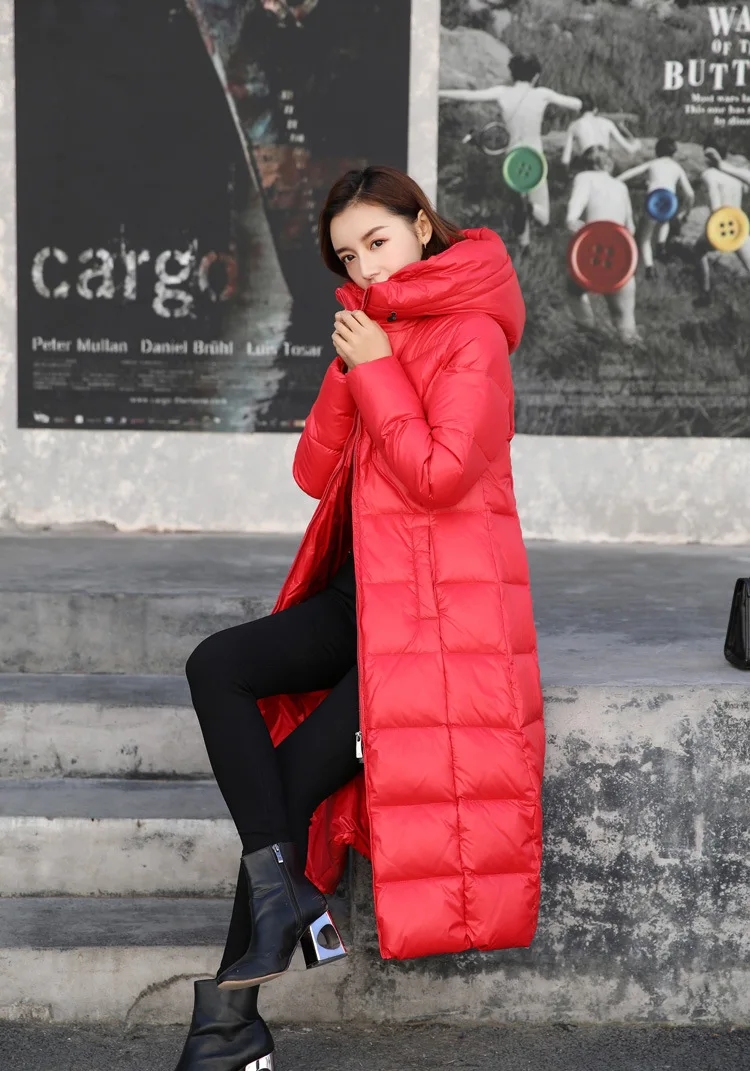 Зимнее длинное пуховое пальто для женщин, Толстое Зимнее пальто с капюшоном на молнии размера плюс, ветрозащитная зимняя верхняя одежда, 90% белый утиный пух, теплая куртка