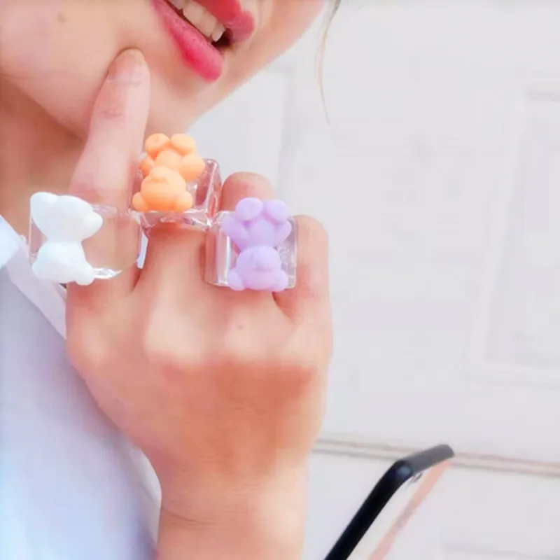 Cute Funny Bear Animal Acrylic Rings For Women Cartoon Colorful Resin Transparent Wide Finger Ring For Girl Party Jewelry Gift