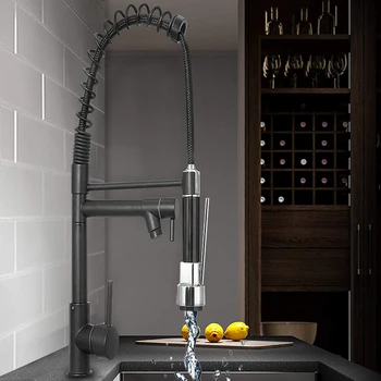

Xueqin Spring Kitchen Faucet Pull out Side Sprayer Dual Spout Single Handle Mixer Tap Sink Faucet 360 Rotation Kitchen Faucets
