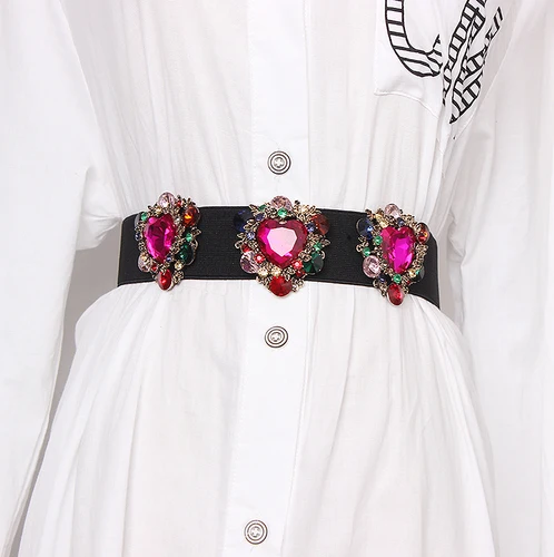 Rose red New Rhinestone Belt full crystal wide waistband decorated female body sculpting band designer wide elastic women belts SC46 - Цвет: Rose red