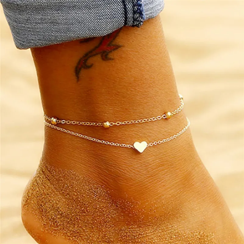 WUKALO Two Layers Chain Heart Style Gold/Silver Color Anklets For Women Bracelets Summer Barefoot Sandals Jewelry On Foot WUKALO Two Layers Chain Heart Style Gold/Silver Color Anklets For Women Bracelets Summer Barefoot Sandals Jewelry On Foot