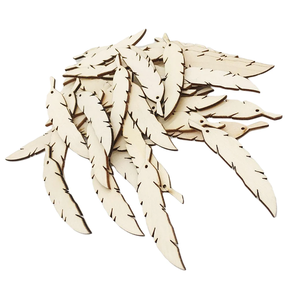50 Pieces Blank Unfinished Wood Feather Wooden Shapes Embellishment with Hole for DIY Gift Tags Crafts