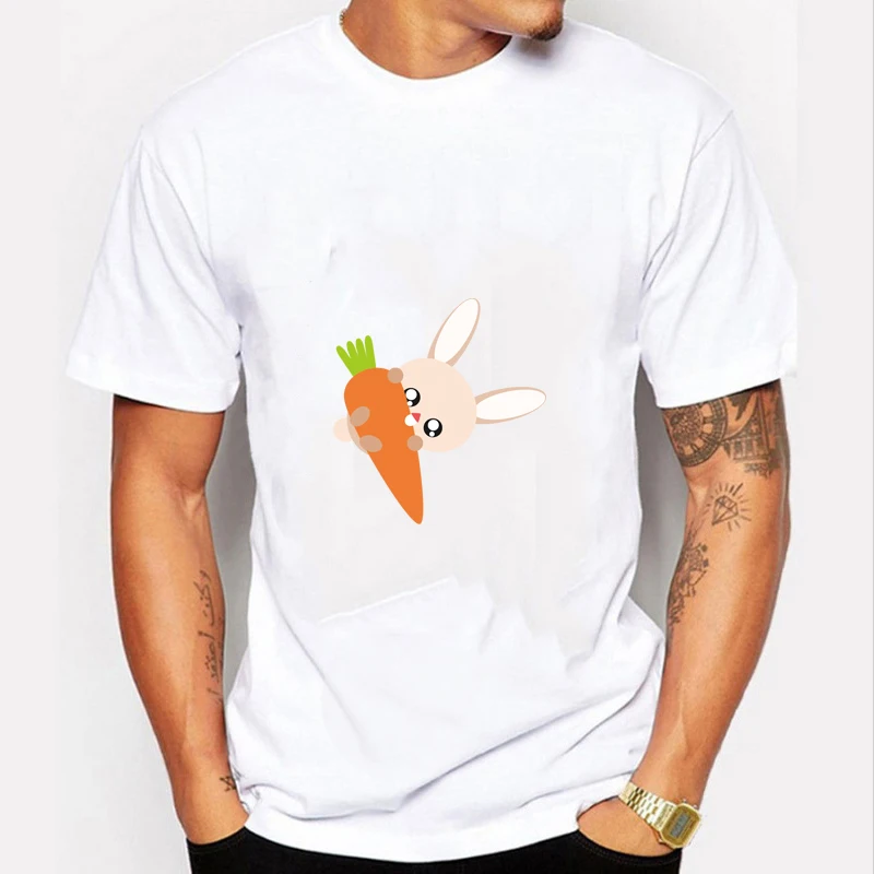 

Men Round Collor Casual T-Shirts Brand Tops & Tees Rabbit Eat Radish Printed Tshirt Men Solid Color Loose Short Sleeve T Shirt