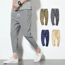 New High quality Men's Summer Casual Pants Natural Cotton Linen Trousers White Linen Elastic Waist Straight Man's Pants