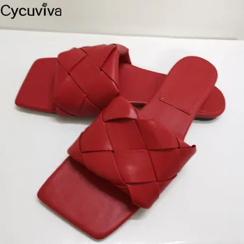 

Hot Cross Weave Flat Beach Slippers Women Mules Square Toe Flip Flops Summer Shoes Woman Cozy 2020 Runway Casual Slippers Woman