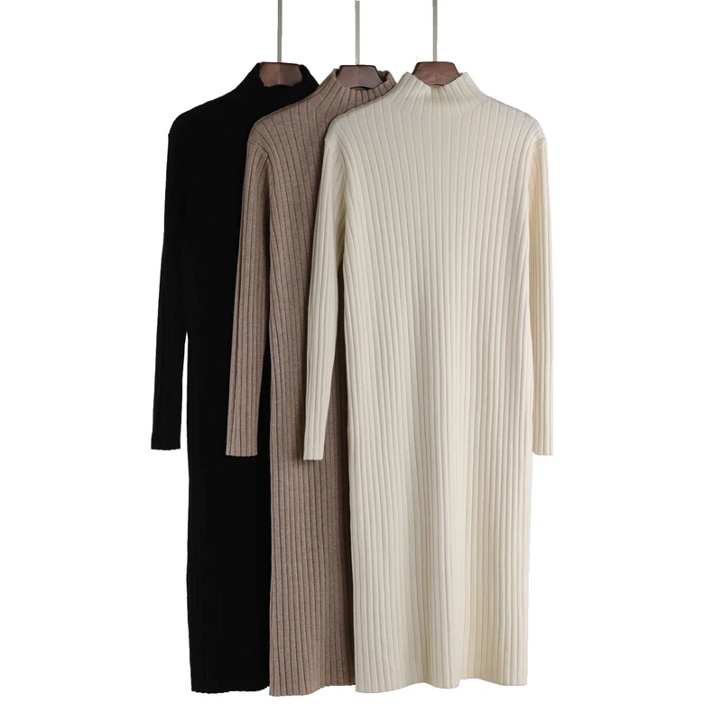Ordifree Autumn Winter Women Knitted Dress Long Sleeve Casual Loose Warm Thick Soft Turtleneck Sweater Dress