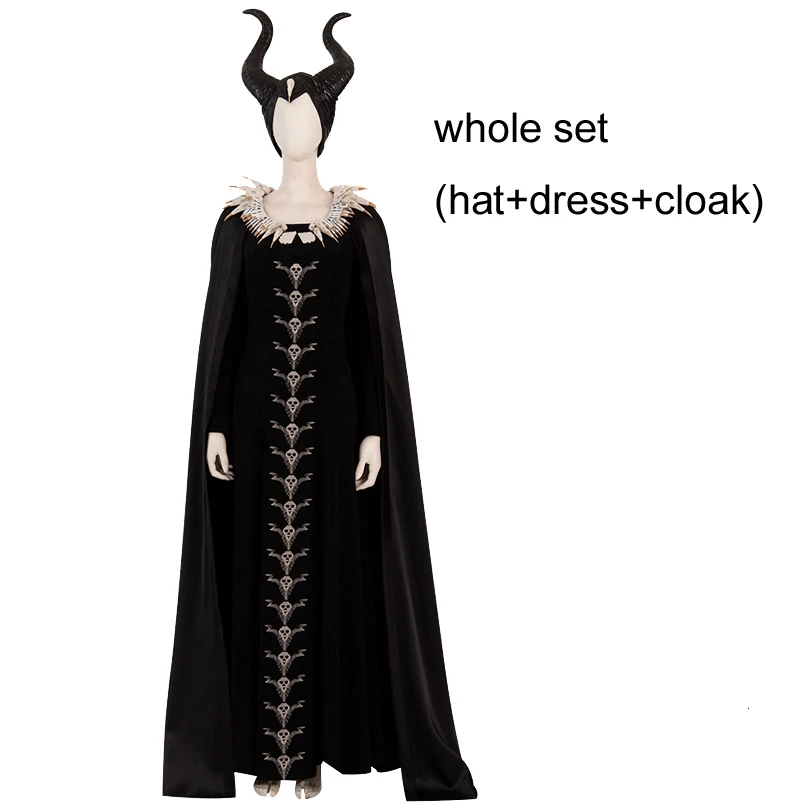 whole set no wing Maleficent Mistress of Evil; карнавальный костюм; наряд на Хэллоуин; рога; необычный череп; Анжелина Джоли; черное платье на заказ - Цвет: whole set no wing