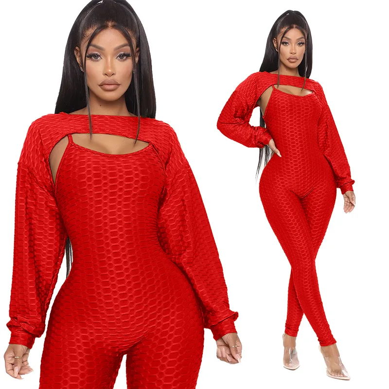 

Dot Pattern Long Lantern Sleeve Solid Color Short Tops & Spaghetti Strap Jumpsuits Women Suit Casual Outfits 2 Pieces Set