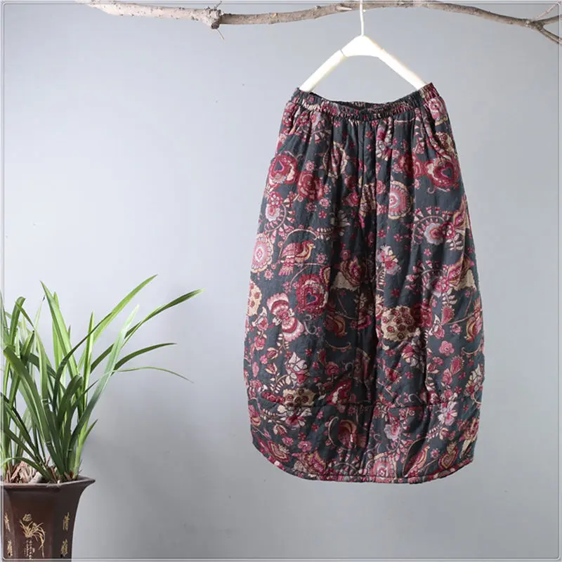 Bird floral Женские юбки в стиле ретро с этническим принтом, свободные стеганые толстые хлопковые и льняные юбки-бутоны, длинные осенние и зимние теплые юбки Jupe Femme f2562 - Цвет: Bird floral