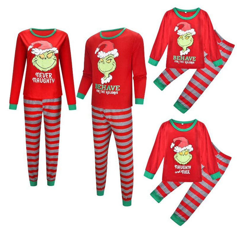 

Grinch Pajamas Boys Outfits Mobs Printed Autumn And Winter Home Service Pajamas Hot Style Suit Christmas Hat Parent Child Wear