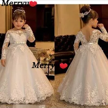 Flower Girl Dresses for Weddings Princess Sheer Long Sleeve Lace Applique Back Girls Pageant Gowns Princess Dresses