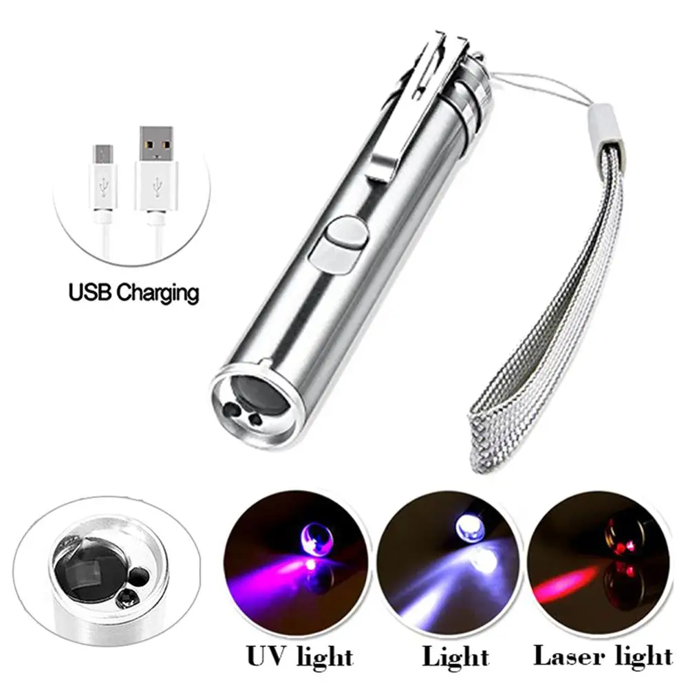

Flashlight Led USB Stainless Steel Mini Rechargeable Strong Light Small Infrared Violet Detector Light Three In One