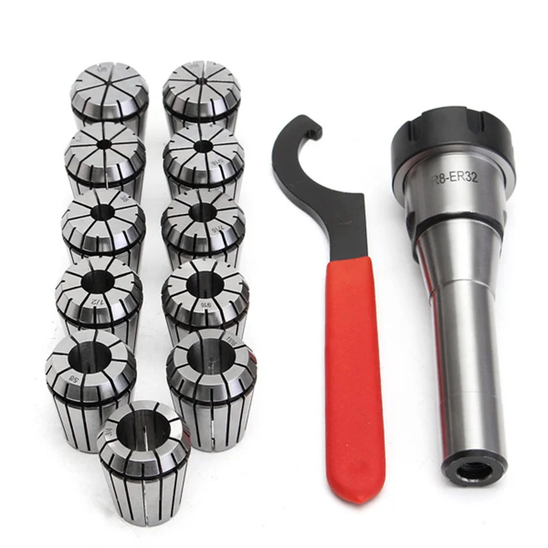 

11pcs/Set ER32 Milling Cutter Spring Collet Precision Set 3mm-19mm R8-ER32 7/16 Collet Chuck Holder Wrench + Crescent Hook Head