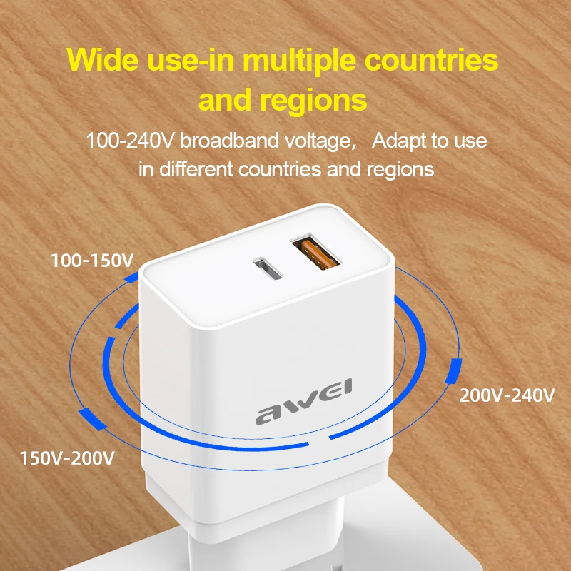 Быстрое зарядное устройство AWEI C 980 18 Вт QC3.0 USB + PD Type быстрое для телефона настенный