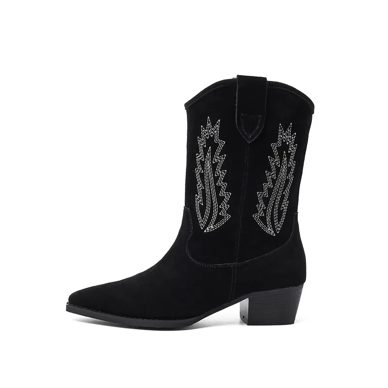 FEDONAS Pointed Toe Short Boots Women Autumn Winter Warm Basic Party Suede Leather Shoes Woman Elegant Embroider Plus Size Boots - Цвет: Черный