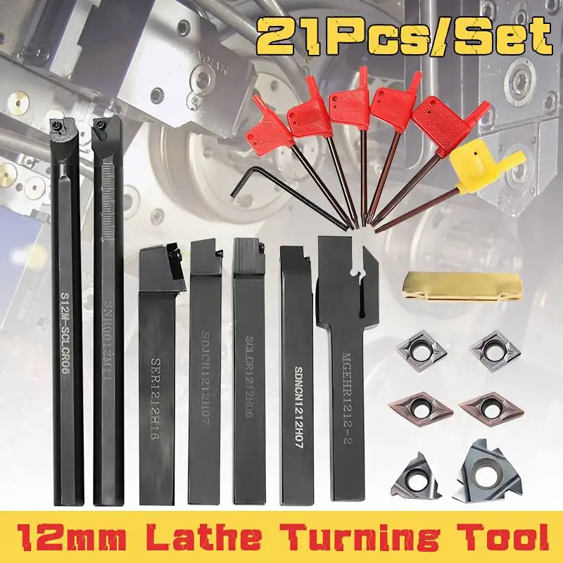 Juego de 21 Uds. De herramientas de torneado de torno, 10MM, 12MM, barra de perforación, insertos de carburo DCMT, llave para herramienta de torneado de torno