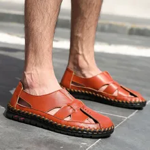 Мужские сандалии из натуральной кожи; красивая летняя мужская обувь ручной работы; Мужская Повседневная дышащая обувь; прогулочные сандалии; May28