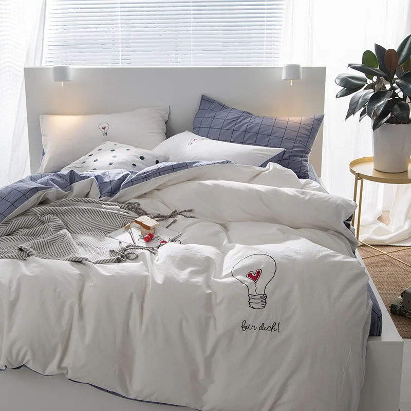 

Nordic Style Plain Four-Piece Bedding sets Cotton Solid Color Bed Linen Quilt Cover Cotton Simple Single Double King Queen