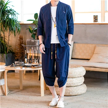 Navy Blue JDDTON, новинка, Мужская Традиционная японская одежда, стильные костюмы из хлопка и льна, верхняя одежда, Модный повседневный Свободный Мужской комплект из двух предметов JE069 - Цвет: Navy Blue