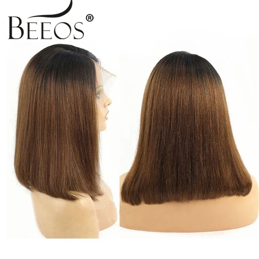 Beeos Ombre коричневый 1b/30 13*6 человеческие волосы на кружеве парик прямой Боб предварительно сорванные волосы линия бразильские волосы remy отбеленные узлы