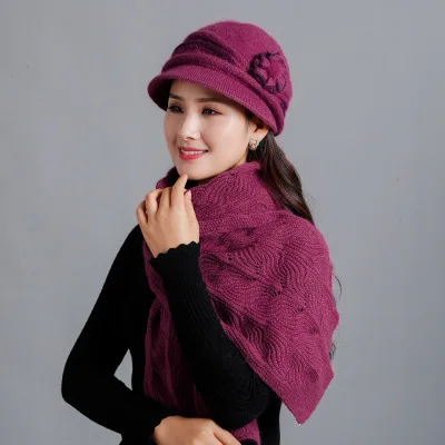 Зимний женский набор шапки и шарфа, брендовые модные вязаные шапки для девочек, шарф из двух предметов, Женская утолщенная шапка с кроличьим мехом, повседневный шарф, комплект - Цвет: Light purple