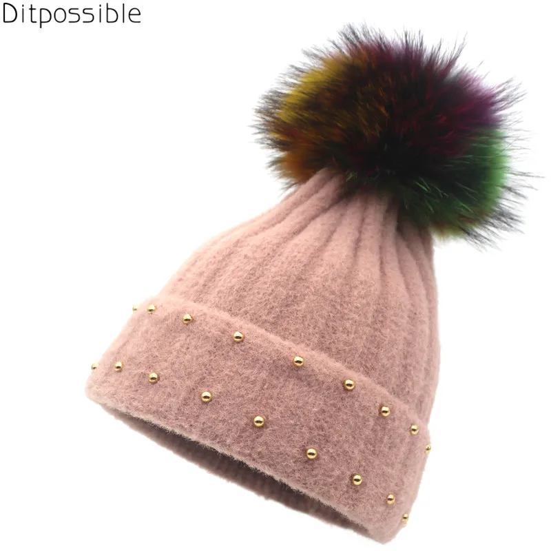 Ditpossible новые модные вязаные шапочки skullies для девочек кепки разноцветные шапки из натурального меха помпон зимняя шапка