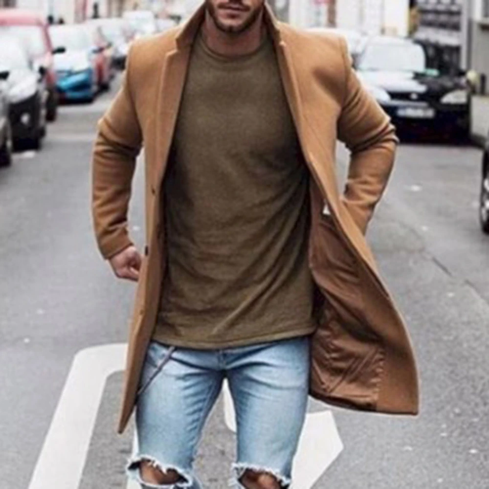 Otoño Invierno 2019 moda de Color puro cálido Chaqueta larga hombre chaquetas rectas con botón bolsillo solapa abrigos a medida| | - AliExpress